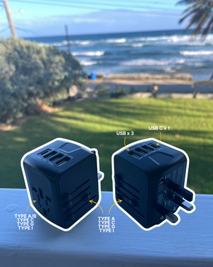 Global plug adapters with universal outlets and USB ports for travel