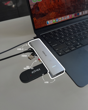 Digital nomads travelling the world. Digital nomad and remote work essentials such as a an adapter for Macbooks with USB-C, HDMI, SD, Micro SD, and USB ports. Portable and lightweight.