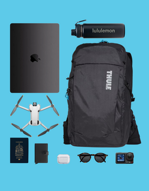 Digital nomads travelling the world. Digital nomad and remote work essentials such as Thule DLSR backpack for remote work gear and photography equipment. Portable, functional and lightweight. Perfect for drones and action photography and videography equipment.