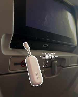 AirFly bluetooth adapter for airplane in-seat screens and wireless headphones