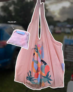 Reusable tote bag used for groceries, remote work gear, and travel