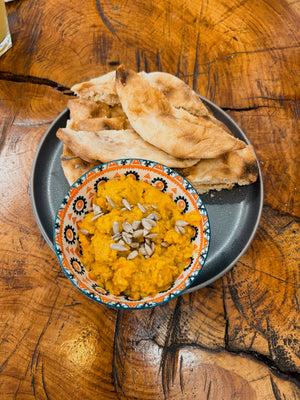 Delicious sweet potato vegan hummus and pita at Cafe Vida in La Paz Bolivia