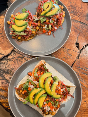 Delicious Vegan plant-based burritos at Cafe Vida in La Paz Bolivia with fresh salsa avocado beans chickpeas cabbage