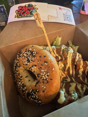 Delicious vegan chicken sandwich with king oyster mushroom and everything bagel from Eleven Oh 7 in Savvy on the Bay in Barbados.