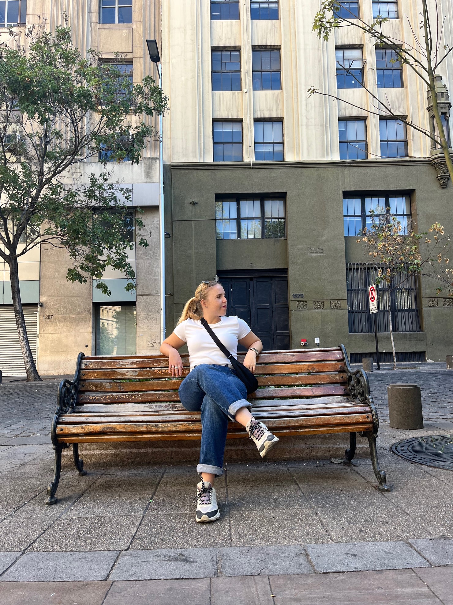 Digital nomads travelling through Chile. Couple travel, slow travel, working remotely, vegan travel, budget travel. Slow travel and enjoying city centre near Santiago Parliament building. Female backpacker on bench.