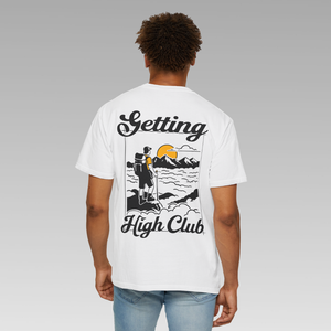 Person wearing a white t-shirt with 'Getting High Club' hiking graphic design on the back.