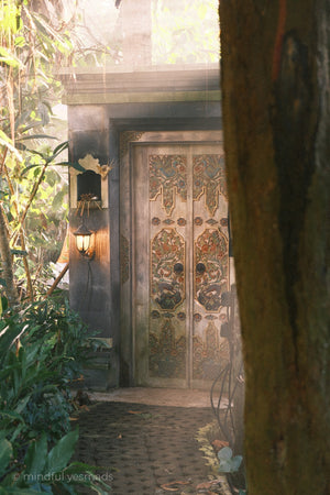 Decorative wooden door with intricate carvings in a tropical setting
