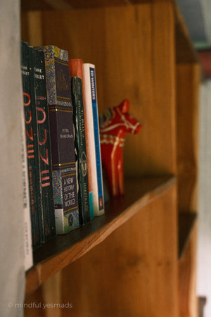 Wooden shelf with books and a small decorative item