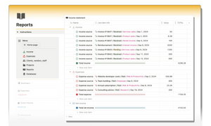 Create custom income statement reports for income and expenses on any project or client with this Notion template for freelancers, small businesses, and side-hustles.