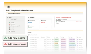 Track all your income and expenses across your business and categorize by different projects and clients to monitor profitability with this Notion template for freelancers, small businesses, and side-hustles.