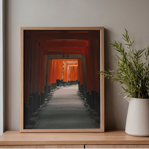 Framed photograph of a red torii gate pathway on a wooden shelf with a plant.