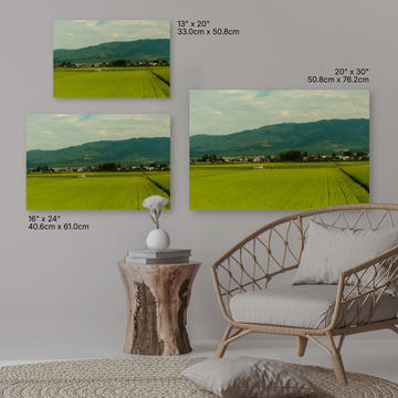 Four canvas prints of a green field and mountain landscape displayed on a wall above a sofa.