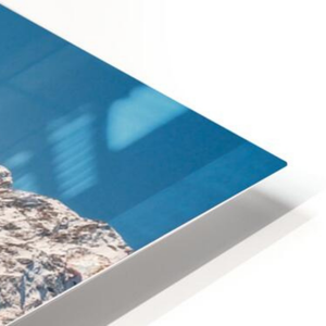 Blue glass panel with a mountainous landscape in the background. Features Mount Cook / Aoraki and nearby lakes in New Zealand. 