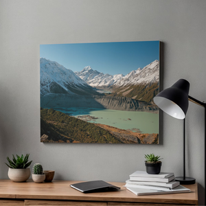 Scenic mountain and lake painting on a wall above a desk with decor items. Features Mount Cook / Aoraki and nearby lakes in New Zealand.