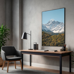 Modern home office with a desk, chair, lamp, and mountain-themed wall art. Features Mount Cook / Aoraki and nearby lakes in New Zealand.