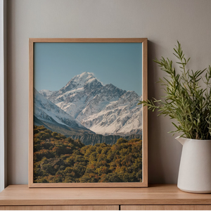 Framed photograph of a mountain landscape on a wooden shelf with a plant.