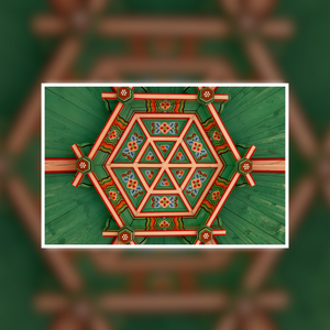 Decorative geometric pattern on a green background. Dancheong geometric patterns in Seoul, South Korea.