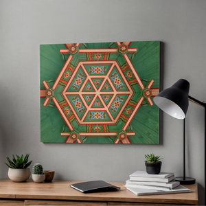 Geometric patterned painting on a wall above a wooden desk with decor items. featuring Dancheong geometric patterns in Seoul, South Korea.
