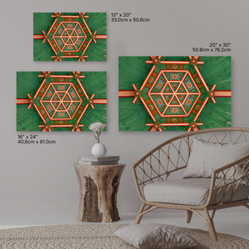 Three geometric Dancheong geometric patterns in Seoul, South Korea patterned wall art pieces on a wall above a sofa and side table.