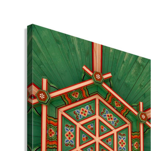 Decorative ceiling with geometric patterns Dancheong geometric patterns in Seoul, South Korea  and red accents on a green background