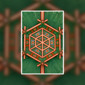 Decorative Dancheong geometric pattern with red and green colors on a green background. Photograph in Seoul, South Korea