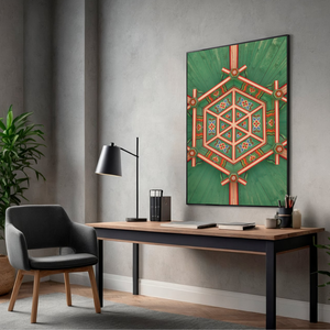 Modern office setup with a desk, chair, lamp, and decorative wall art featuring Dancheong geometric patterns in Seoul, South Korea.