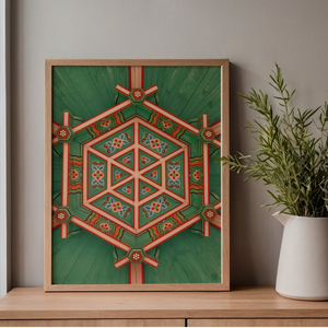 Framed geometric Dancheong geometric patterns in Seoul, South Korea art piece on a wooden shelf with a plant