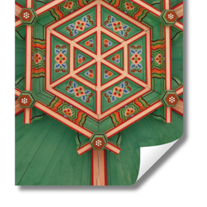 Decorative panel with Dancheong geometric patterns in Seoul, South Korea floral pattern on a green background