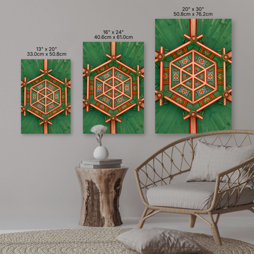 Decorative wall art with Dancheong geometric patterns in Seoul, South Korea on a green background, displayed in a room with a couch and side table.