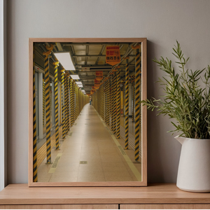 Framed photograph of a warehouse interior on a wooden shelf with a plant.