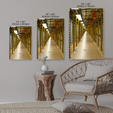 Three wall art prints of a warehouse hallway on a gray wall with a decorative table and chair.
