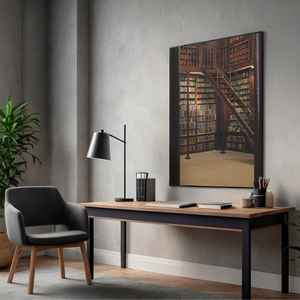 Modern home office with a desk, chair, lamp, and framed picture of a library.