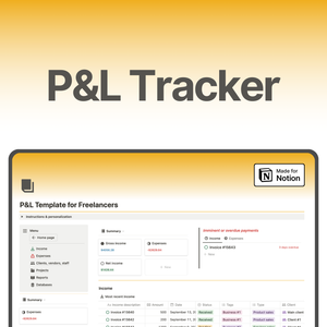 Easy-to-use and comprehensive profit and loss tracker template on Notion for freelancers, small businesses, and side-hustles. Organize all your businesses finances in one centralized place. Monitor profitability across your business by project and by client.
