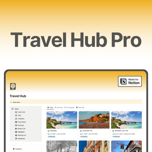 Travel Hub is a comprehensive all-in-one Notion template that lets you plan all your trips in one place, collaborate with others, track expenses and itineraries, analyze travel statistics, create packing lists, add travel documents, and review country information for quick planning.