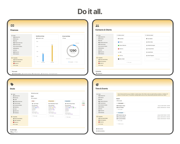 Manage your entire business from one centralized place. Manage projects, clients, tasks, time tracking and finances, marketing, collaborate, and take notes. For freelancers, small businesses, and side-hustles. Digital nomads.