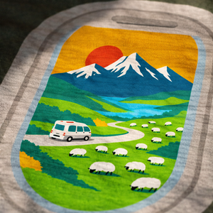 Graphic tee of a scenic landscape with mountains, sheep, and a van on a green fabric background showcasing New Zealand/Aotearoa.