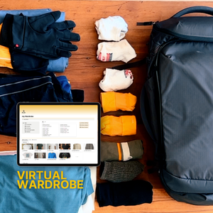 Blog from digital nomads travelling the world. Blog about minimalist wardrobes and how to track your clothing while you travel. Couple travel, slow travel, working remotely, vegan travel, and budget travel. Picture of the clothing being packed for backpacking with Notion template.